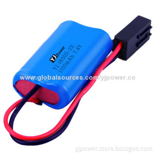 18500-2S Li-ion Battery Pack, 7.4V, 1,100mAh, Sized 18.4 x 36.5 x 50.5mm